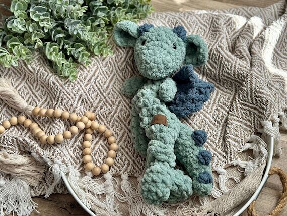 Crochet Dragon Lovey: Handmade Green Plush Sn...