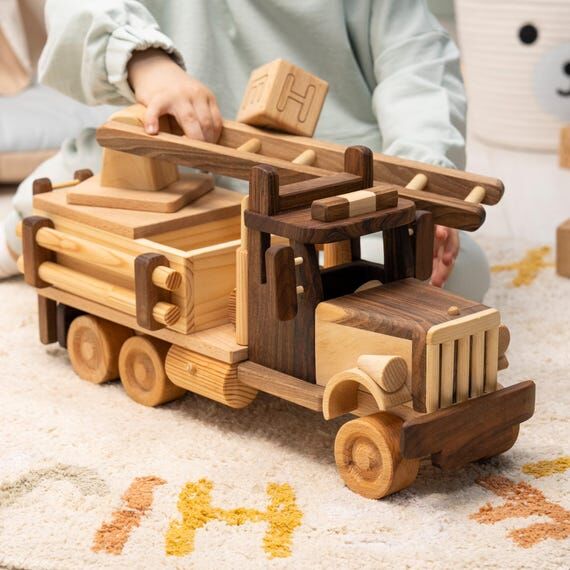 Wooden Large Fire Truck Toy: Pretend Play Toy...