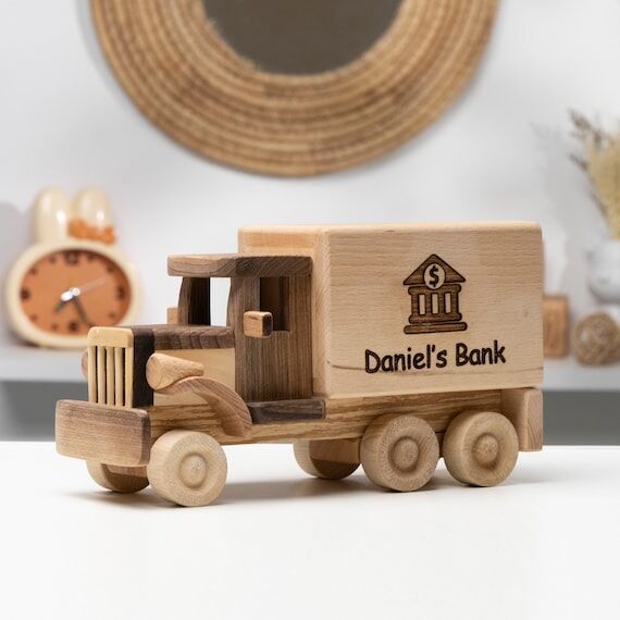 Piggy Bank Truck Toy, Wooden Handmade Toys, B...