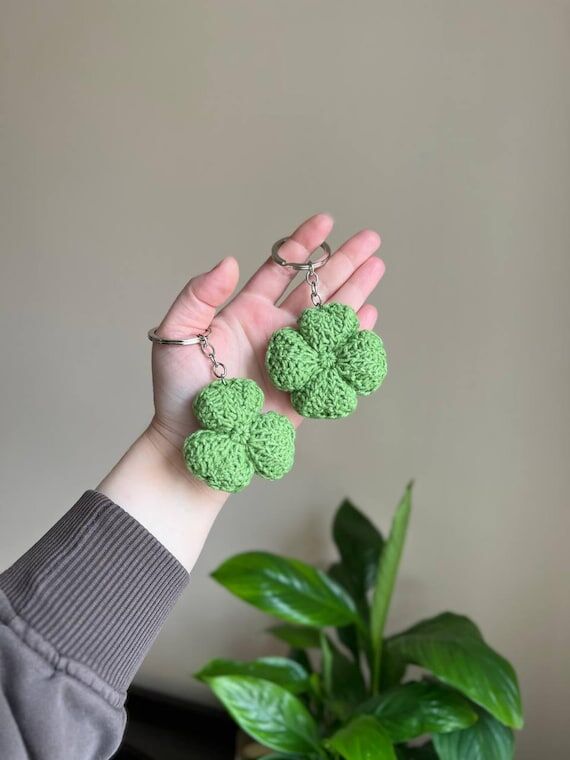 Crochet Clover Keychain - Lucky Charm, Four L...