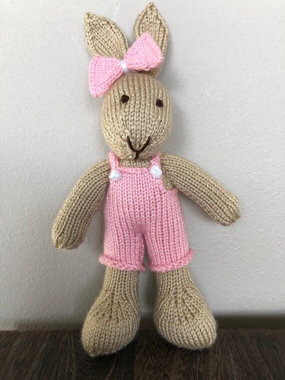 Handmade Knitted Soft Toy Bunny in Overalls...