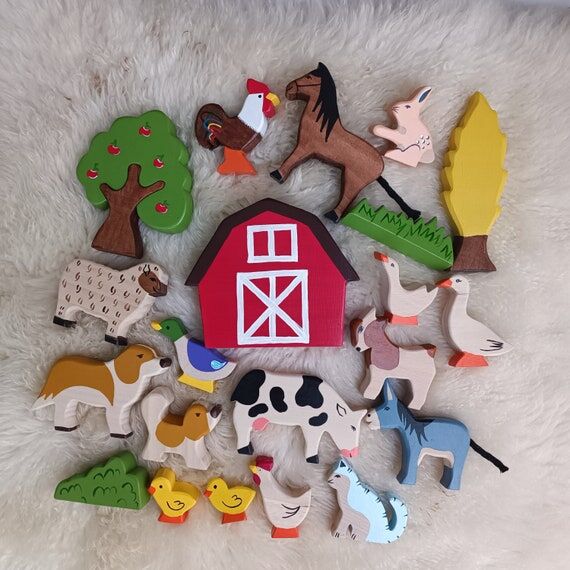 Natural Wooden Farm Animals Figures Set ,Hand...