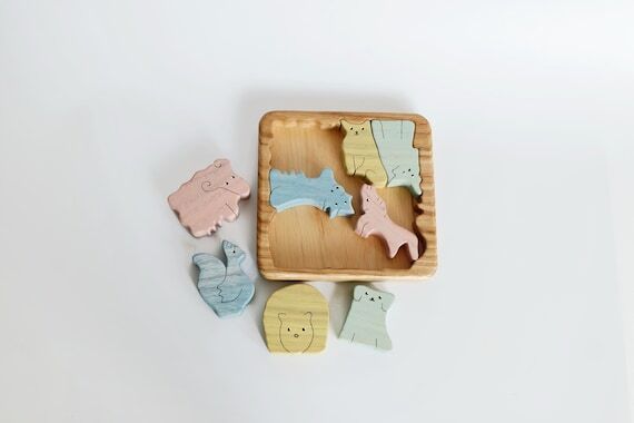 Handmade Wooden Farm Animal Puzzle: Montessor...