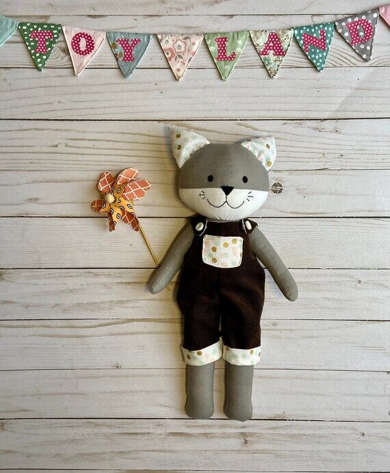 Handmade Gray Cat Toy, Heirloom Fabric Cat, C...