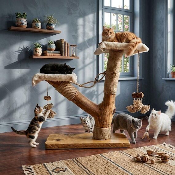 Real Wood Cat Tree, Natural Driftwood Cat Fur...