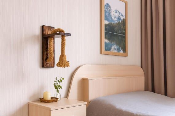 Handmade Rustic Wooden Wall Lamp, Natural Jut...