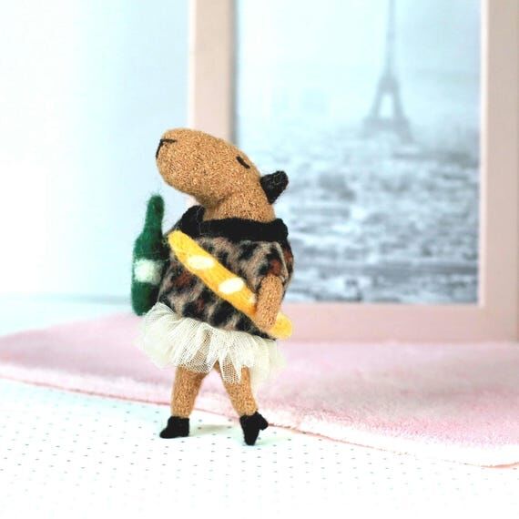 Wool Capybara Doll with Baguette and Wine –...