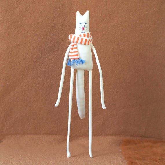 Long-Legged White Cat Plush with Striped Scar...