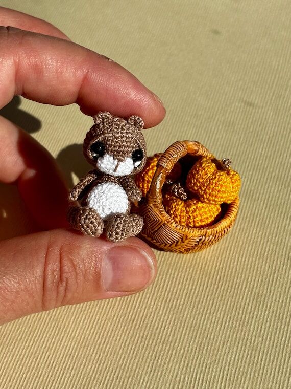 Miniature Crochet Teddy Bear with micro Pumpk...