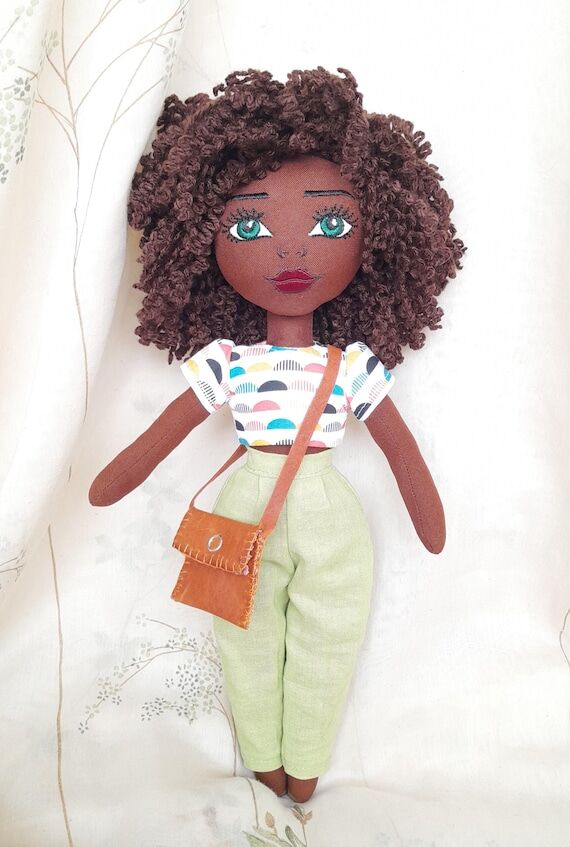 Handmade Black Rag Doll, Curly Hair, Removabl...