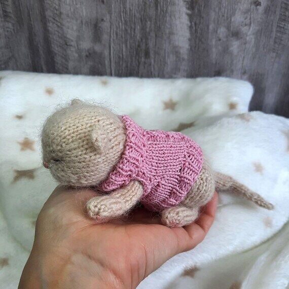 Realistic Knitted Kitten Figurine, Handcrafte...