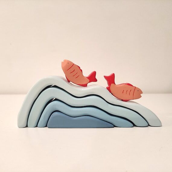 Wooden Waves Stacker With Fish Toy Set Handma...