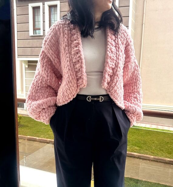 Cozy Chunky Hand Knit Cardigan , Pink Sweat C...