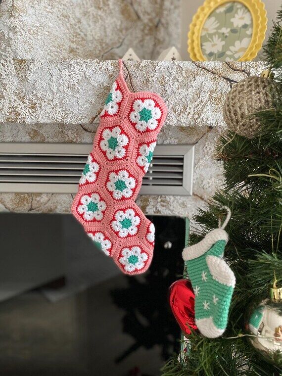 Crochet Christmas Stocking, Handmade Xmas Fir...