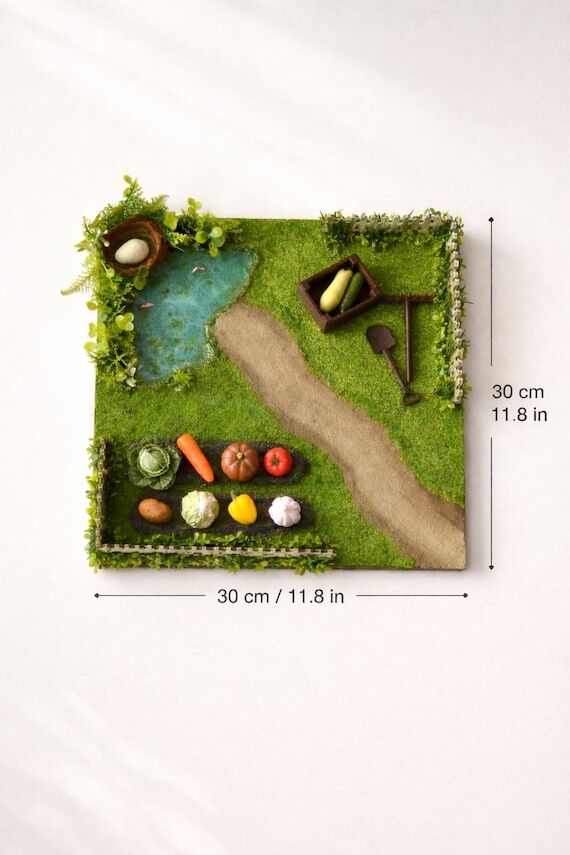 Miniature farm diorama, painted landscape boa...