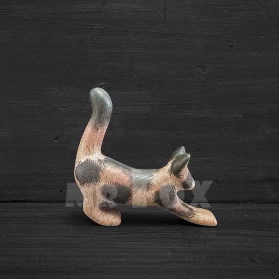 Wooden Cat Figurine - Calico Cat Carving - Wa...