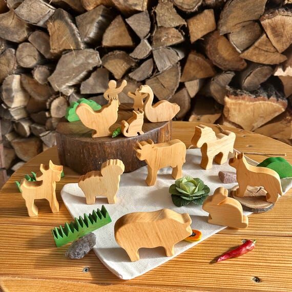 Set of 10 Wooden Farm Animal - Handcrafted Wa...
