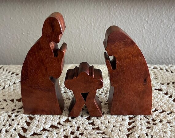 Handmade Dark Wood Nativity Set: Joseph, Mary...