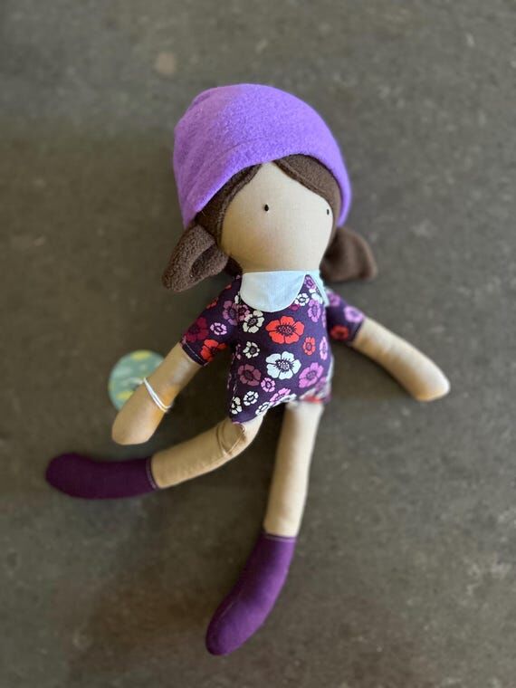 Handmade Fabric Doll in Purple Dress and Hat...