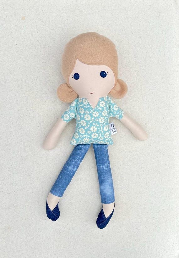 Handmade Fabric Doll in Blue Floral Top and P...