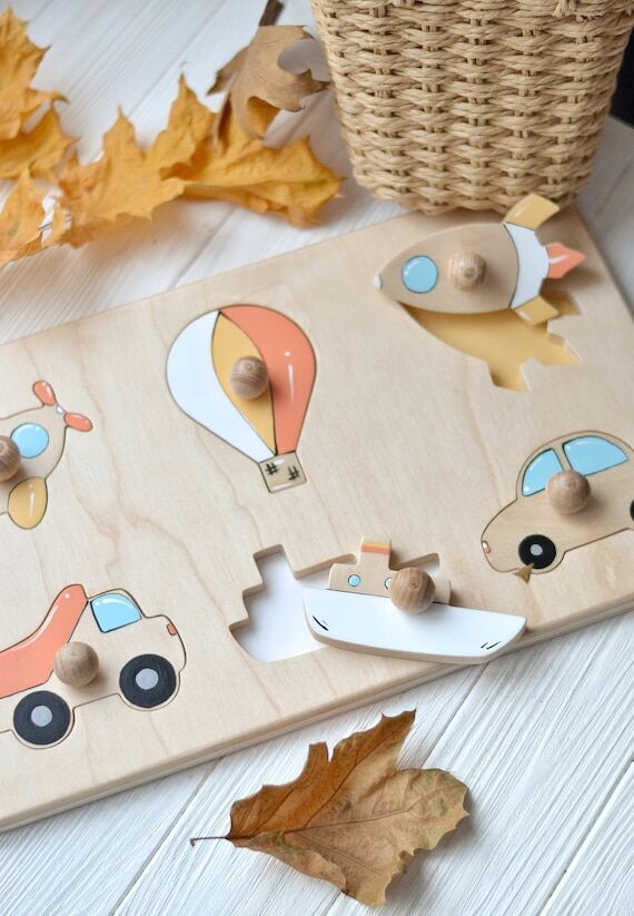 Hand painted transport puzzle Montessori shap...