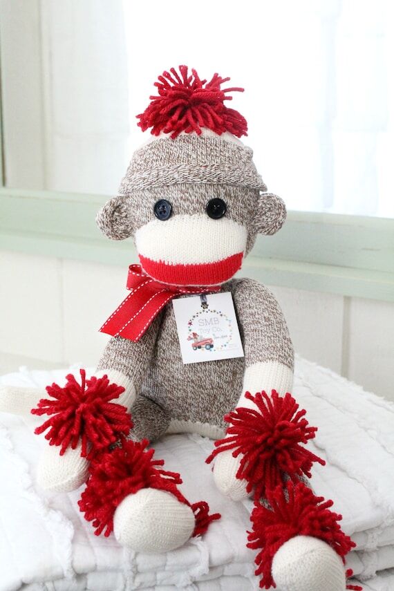 Classic Traditional Sock Monkey Doll with Pom...