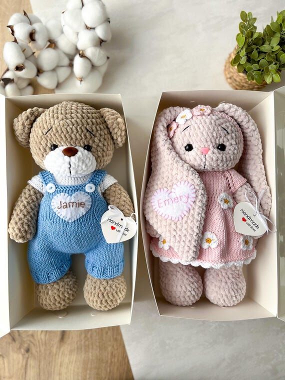 Personalized Crochet Teddy Bear and Bunny Plu...