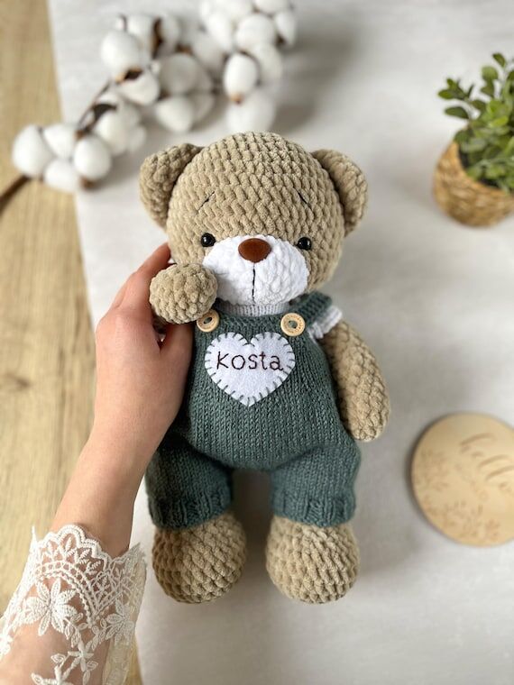Personalized Crochet Teddy Bear with Name, Ba...