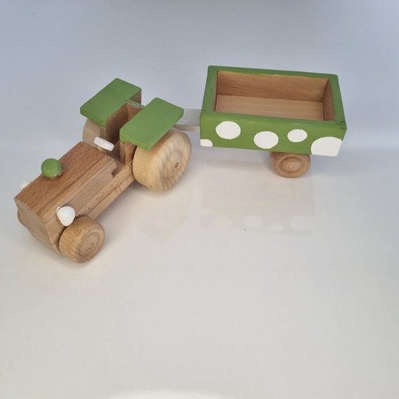 Handmade Wooden Tractor Toy with Trailer: Mon...