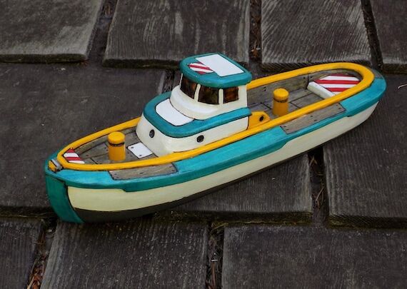 BATTERSEA/ Hand made wood toy boat/ turquoise...