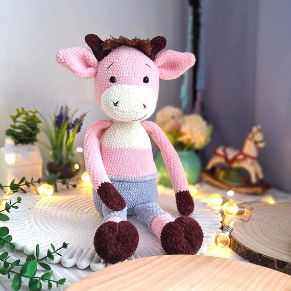 Handmade Pink Crochet Cow Plush Toy, 45cm Ami...