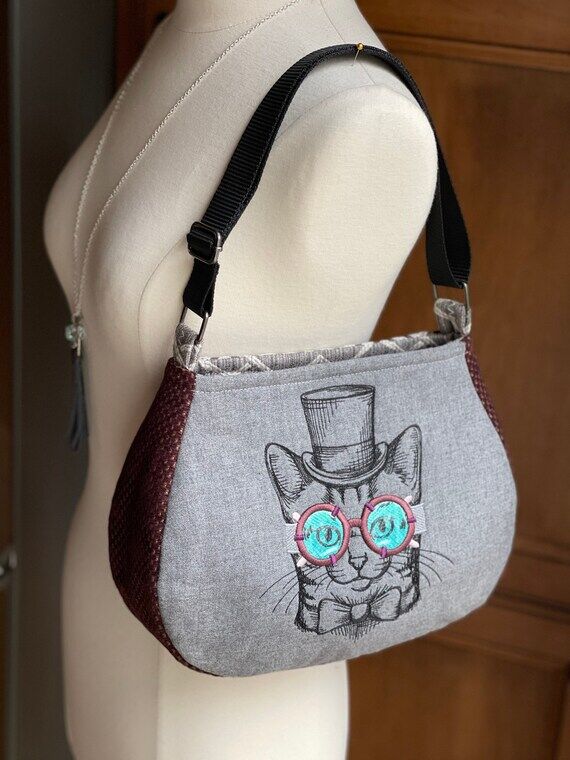 STEAMPUNK BAG with Embroidered Cat with Goggl...