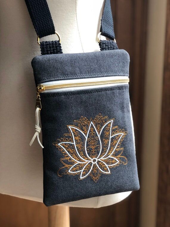 Crossbody Zipper Bag with Embroidered Lotus F...