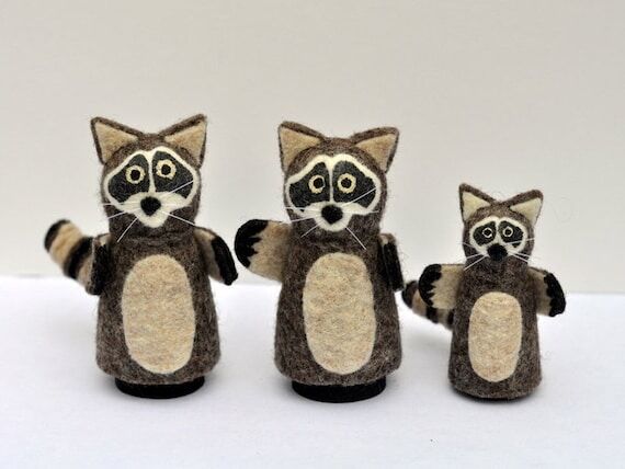 Family of Raccoons, Peg Dolls, Handmade, Wood...