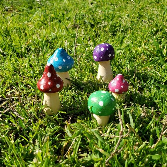Small Hand Painted Wooden Fairy Mushroom Toad...
