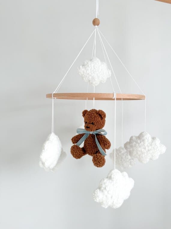 Handmade Boucle Teddy Bear Nursery Mobile wit...