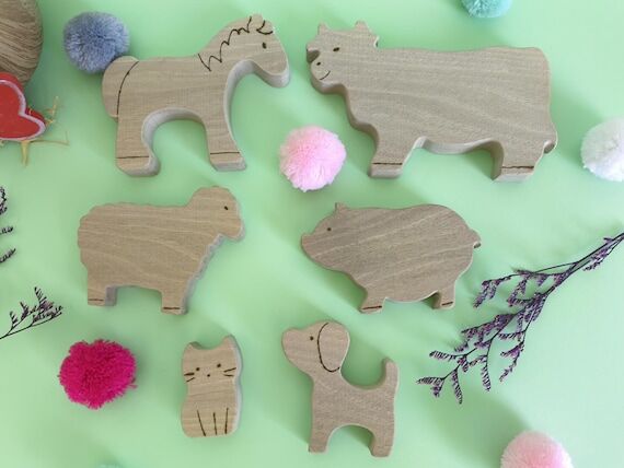 Wooden Farm Animals Set, Handmade Waldorf Ope...