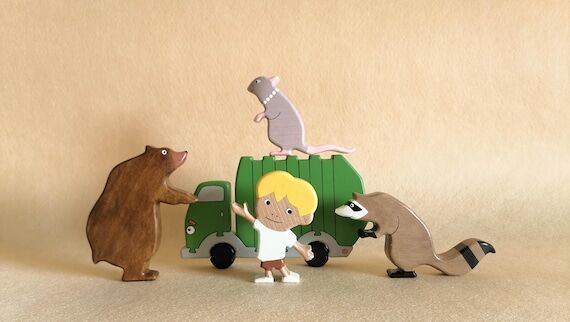 Handmade Wooden Trash Truck Toys Set with Puz...