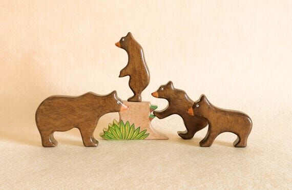 Wooden Bear Family Toy: Handmade Ash Wood Wal...