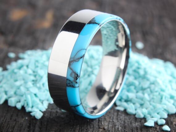 Turquoise Inlay Wedding Band: Stainless Steel...