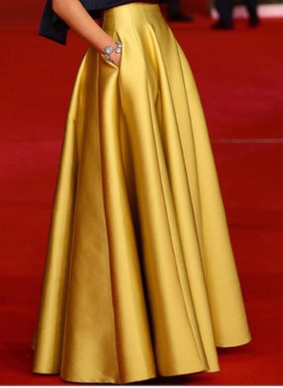 Gold Duchess Satin Skirt: High Waist Pleated ...