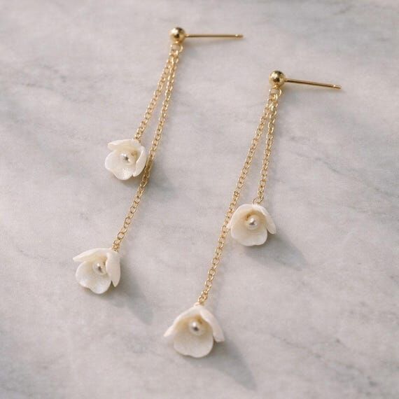 Clay Flower Pearl Drop Earrings, Bridal Earri...
