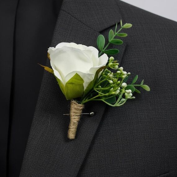 White Rose Groom Boutonniere: Jute Wrapped Gr...