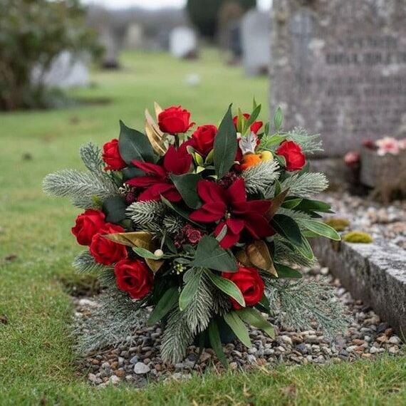 Artificial Red Rose & Poinsettia Grave Pot Tr...