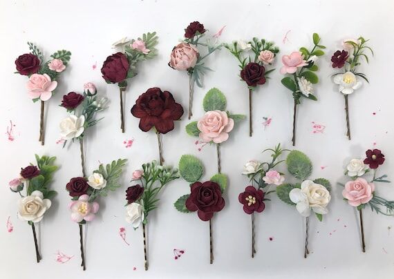 Blush & Burgundy Wedding Flower Hair Pins: Br...