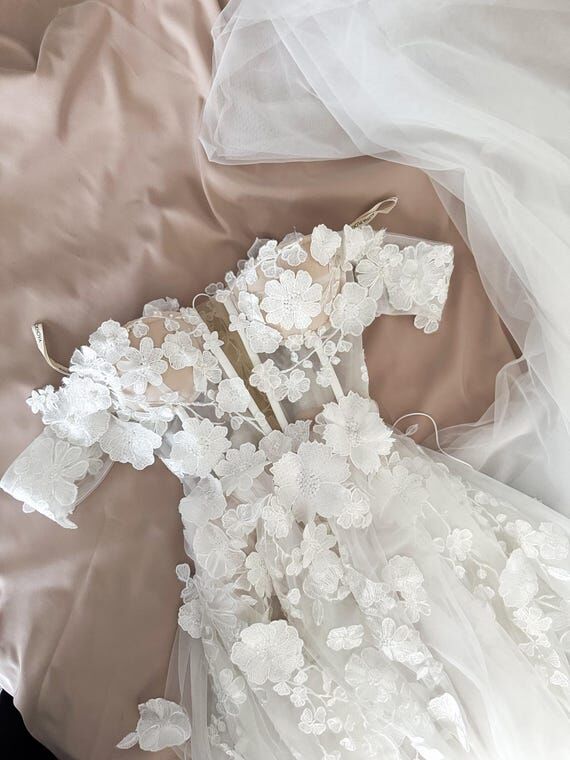 Lace Wedding Dress with Off-Shoulder Straps a...