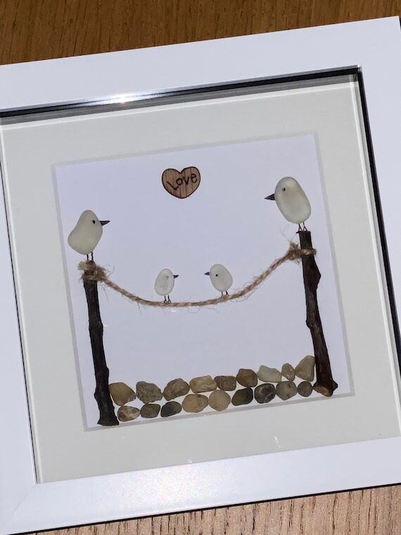 Sea Glass Bird Family Art, Personalized Pebbl...