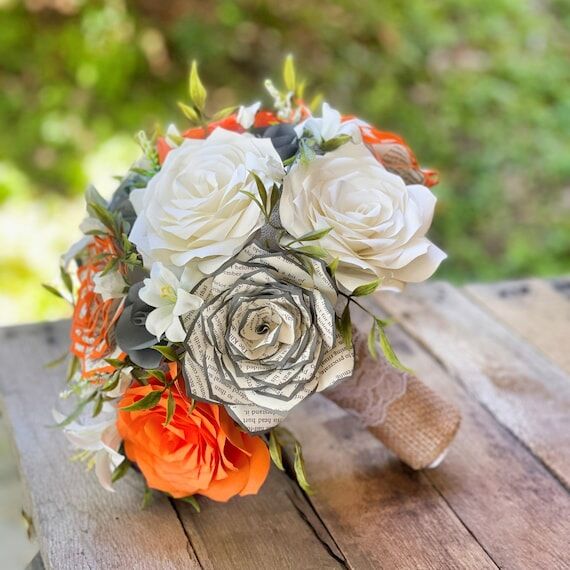 Orange, White & Gray Paper Flower Wedding Bou...