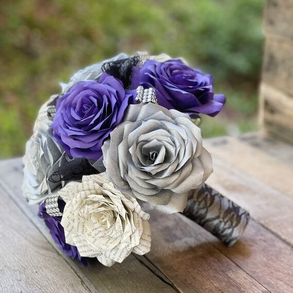Purple, silver & book page bouquet - Black la...