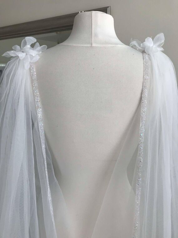 Floral Tulle Wedding Cape with Sparkle Edge...